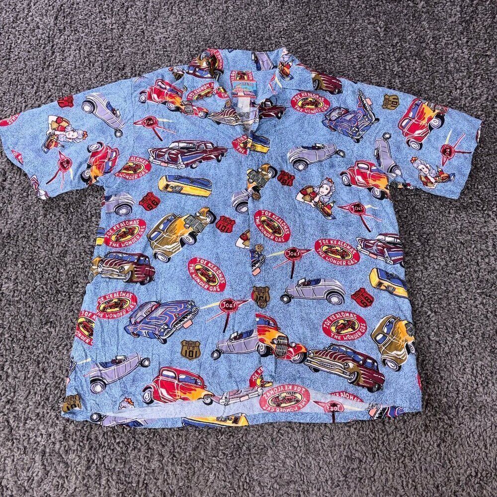 Vtg 90s Reyn Spooner Shirt Men Medium Joe Kealoha's Rayon Blue Hawaiian Hotrod
